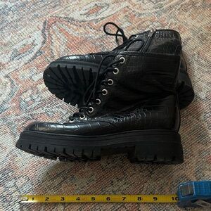 Nine West Black Croc-Embossed Combat Boots
